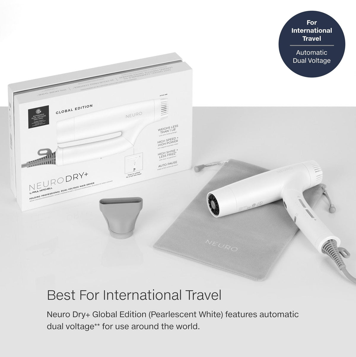 Paul Mitchell Neuro Dry+ Global Edition in Pearlescent White with automatic dual voltage and travel accessories