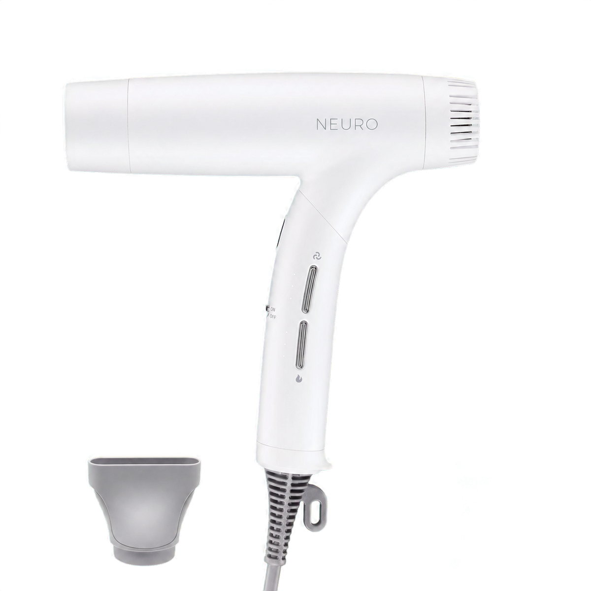 Paul Mitchell Neuro Dry+ hair dryer in Pearlescent White with styling nozzle on a transparent background