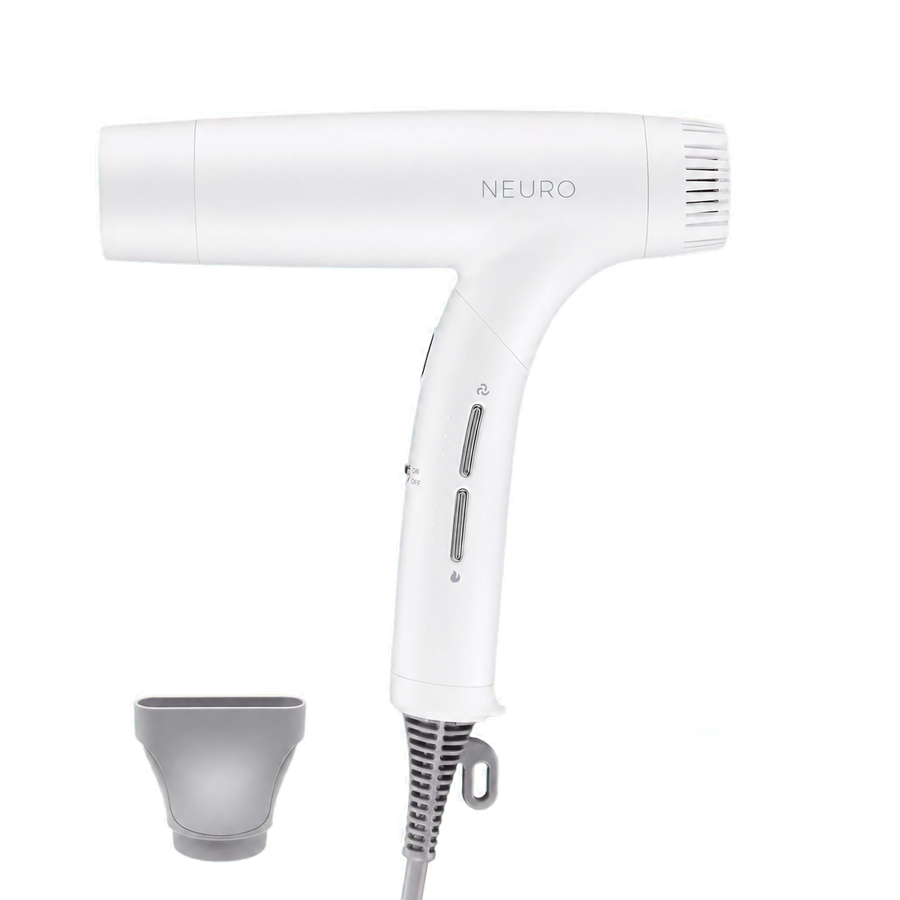 Paul Mitchell Neuro Dry+ hair dryer in Pearlescent White with styling nozzle on a transparent background