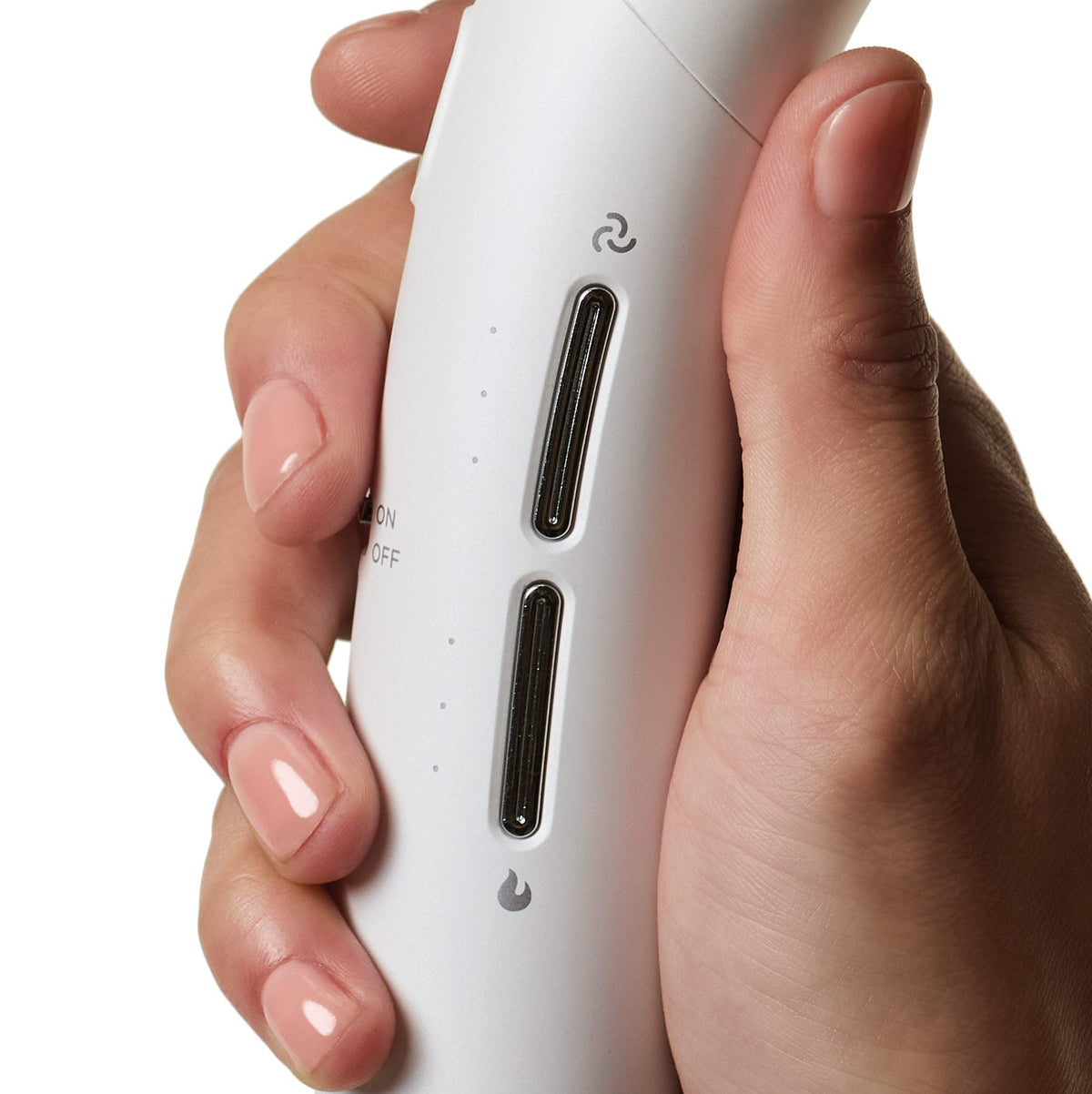 Close-up of heat and speed controls on the Pearlescent White Paul Mitchell Neuro Dry+ hair dryer