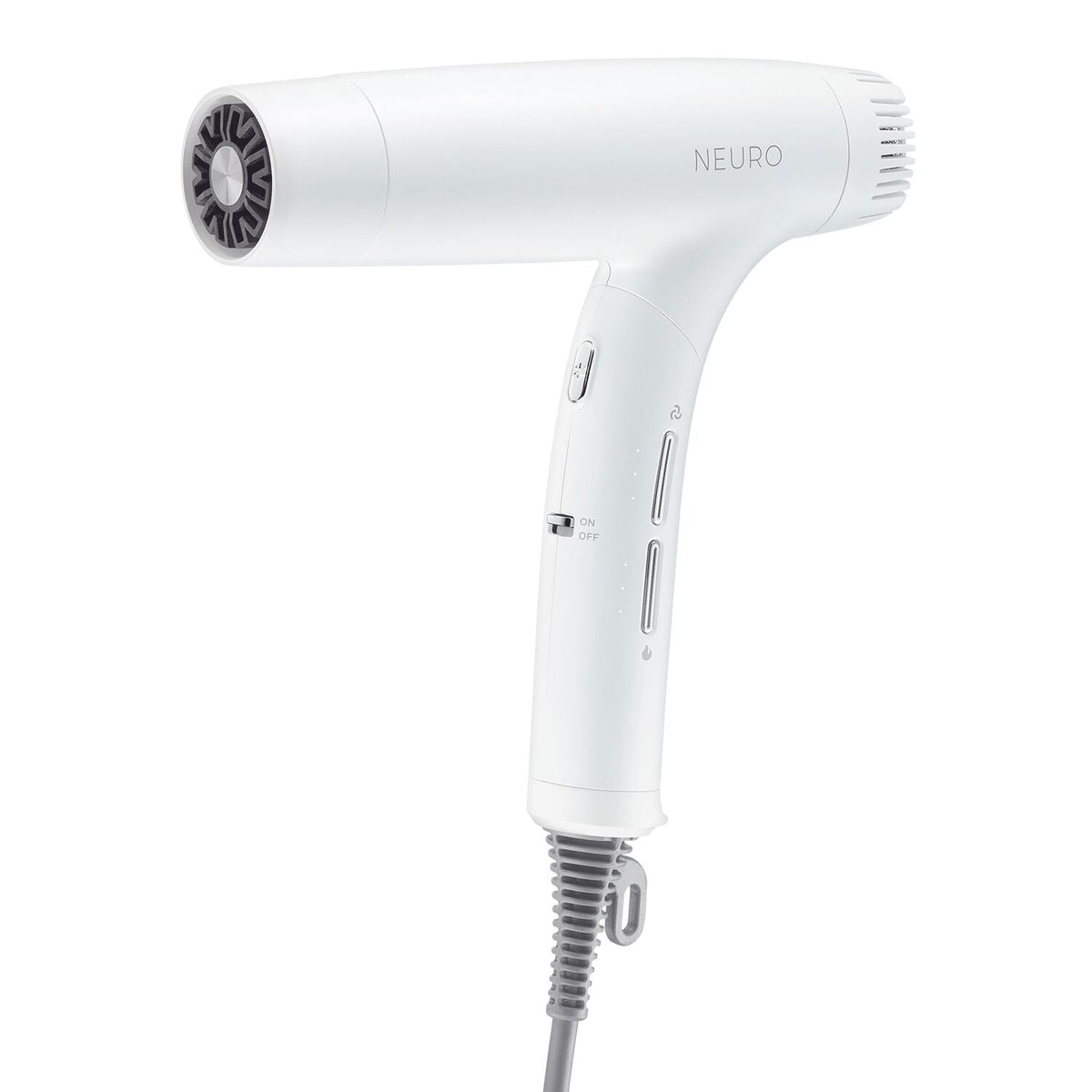 Paul Mitchell Neuro Dry+ hair dryer in Pearlescent White, unfolded product angle