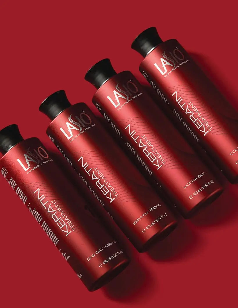 Four red Lasio professional keratin formula bottles